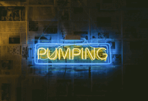 yellow and blue neon pumping sign