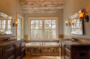 A relaxing bathroom with beautiful wood paneling.