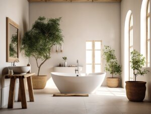 The interior of a bathroom containing a bathub, toilet, sink, and more