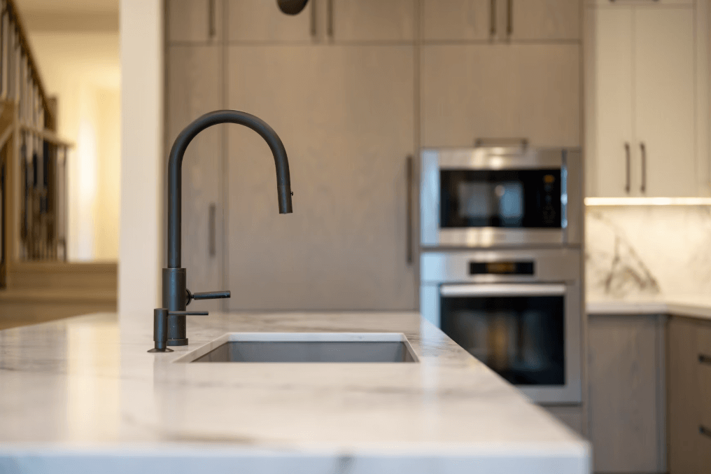 Modern kitchen sink with built-in oven and cabinets