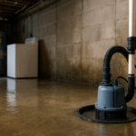 A sump pump in a flooded basement with standing water on the floor