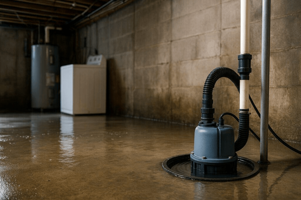 A sump pump in a flooded basement with standing water on the floor